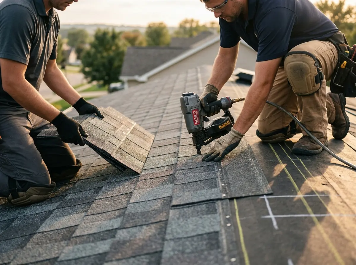 Professional roofer working on a residential roof in Villas